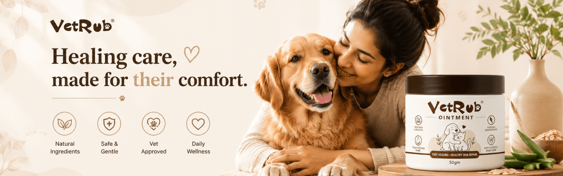 VetRub Skin Heal Ointment and a dog with its pet parent