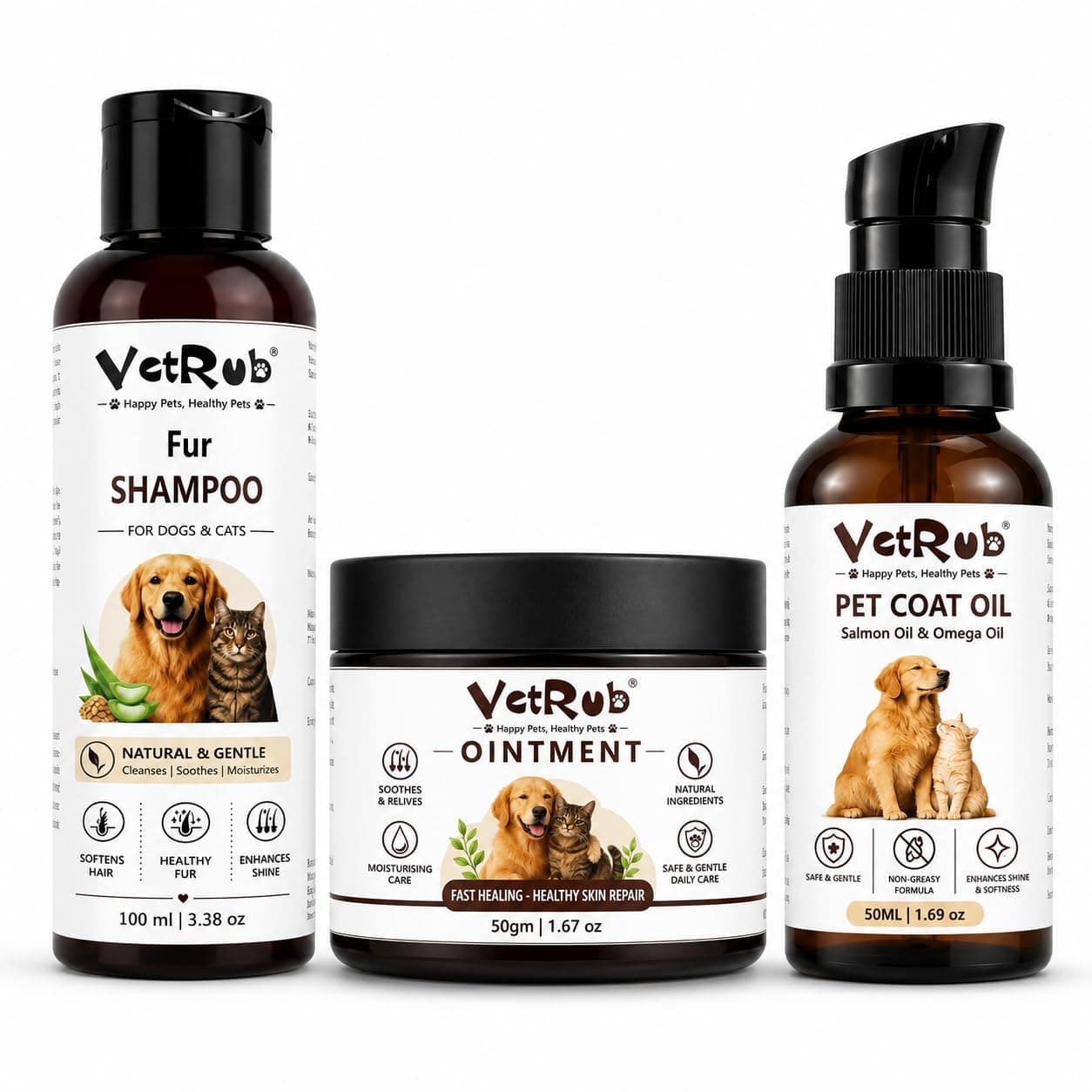 VetRub Fur Shampoo, Pet Ointment & Coat Oil Combo for Dogs & Cats